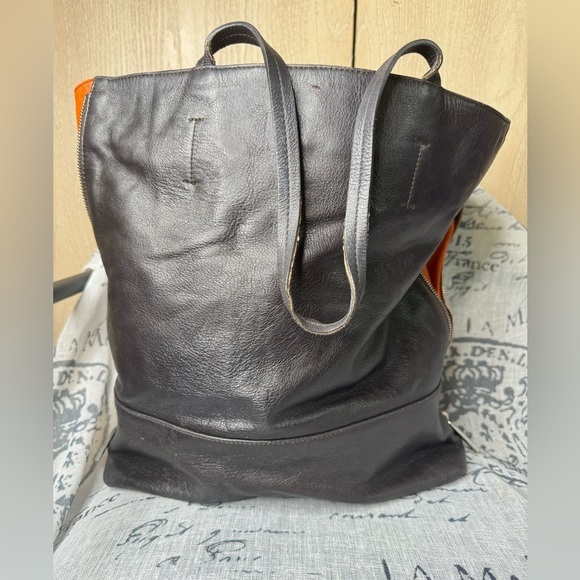 FURLA Shoulder Bag  Brown & Orange Leather  Side Zippers Large Tote Straps - Picture 10 of 15